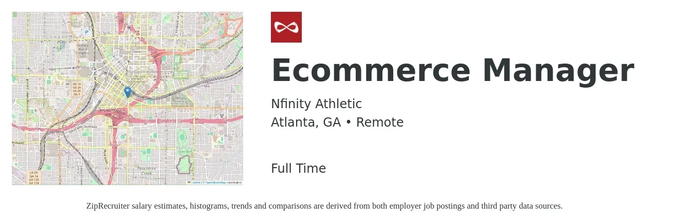 Nfinity Athletic job posting for a Ecommerce Manager in Atlanta, GA with a salary of $55,100 to $91,100 Yearly with a map of Atlanta location.