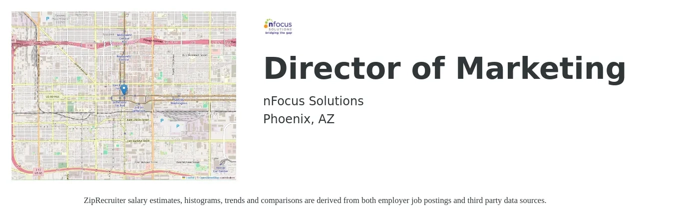 nFocus Solutions job posting for a Director of Marketing in Phoenix, AZ with a salary of $71,000 to $130,600 Yearly with a map of Phoenix location.
