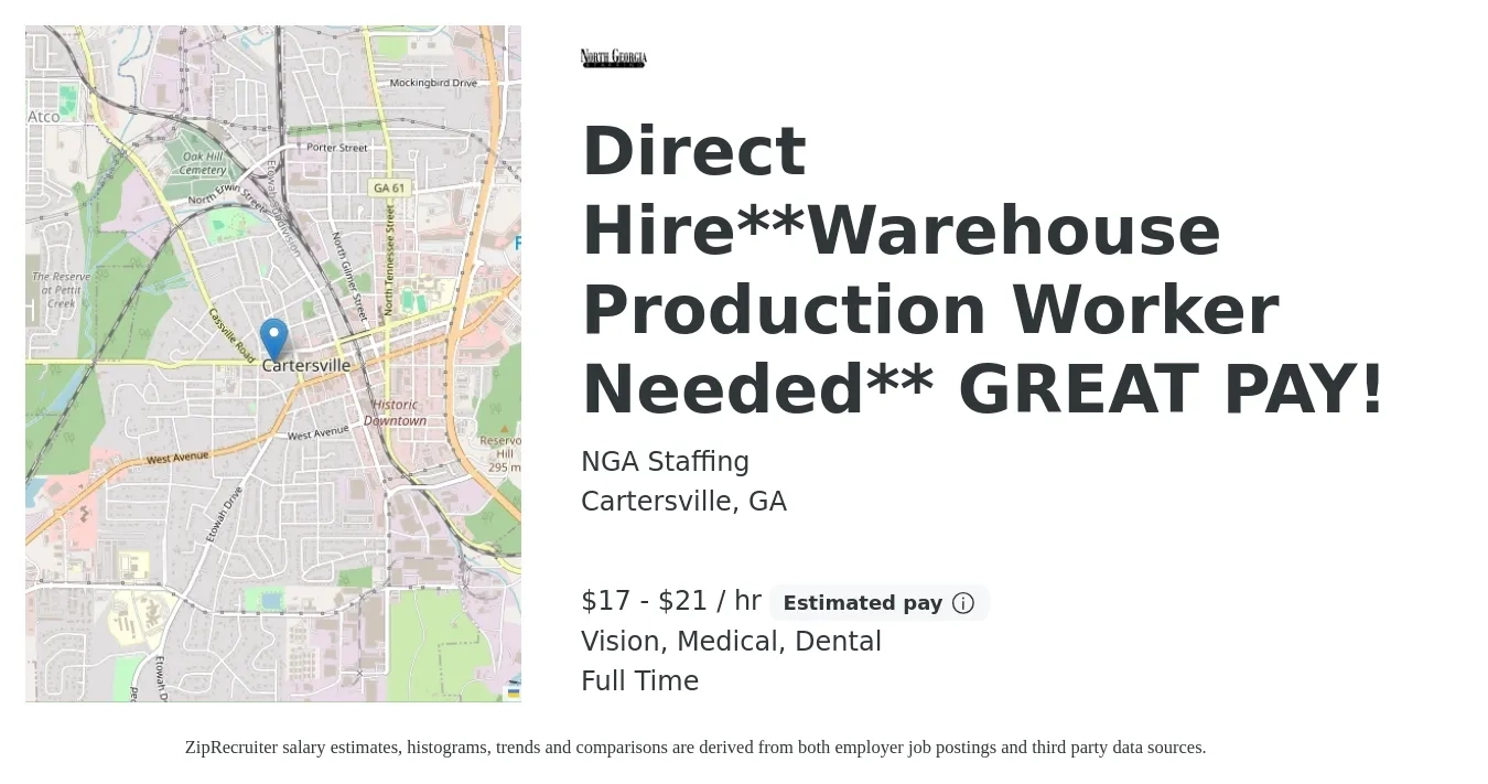 NGA Staffing job posting for a Direct Hire**Warehouse Production Worker Needed** GREAT PAY! in Cartersville, GA with a salary of $18 to $22 Hourly and benefits including dental, medical, and vision with a map of Cartersville location.