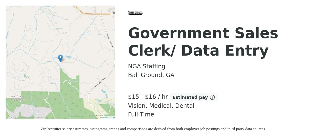 NGA Staffing job posting for a Government Sales Clerk/ Data Entry in Ball Ground, GA with a salary of $16 to $17 Hourly and benefits including vision, dental, and medical with a map of Ball Ground location.