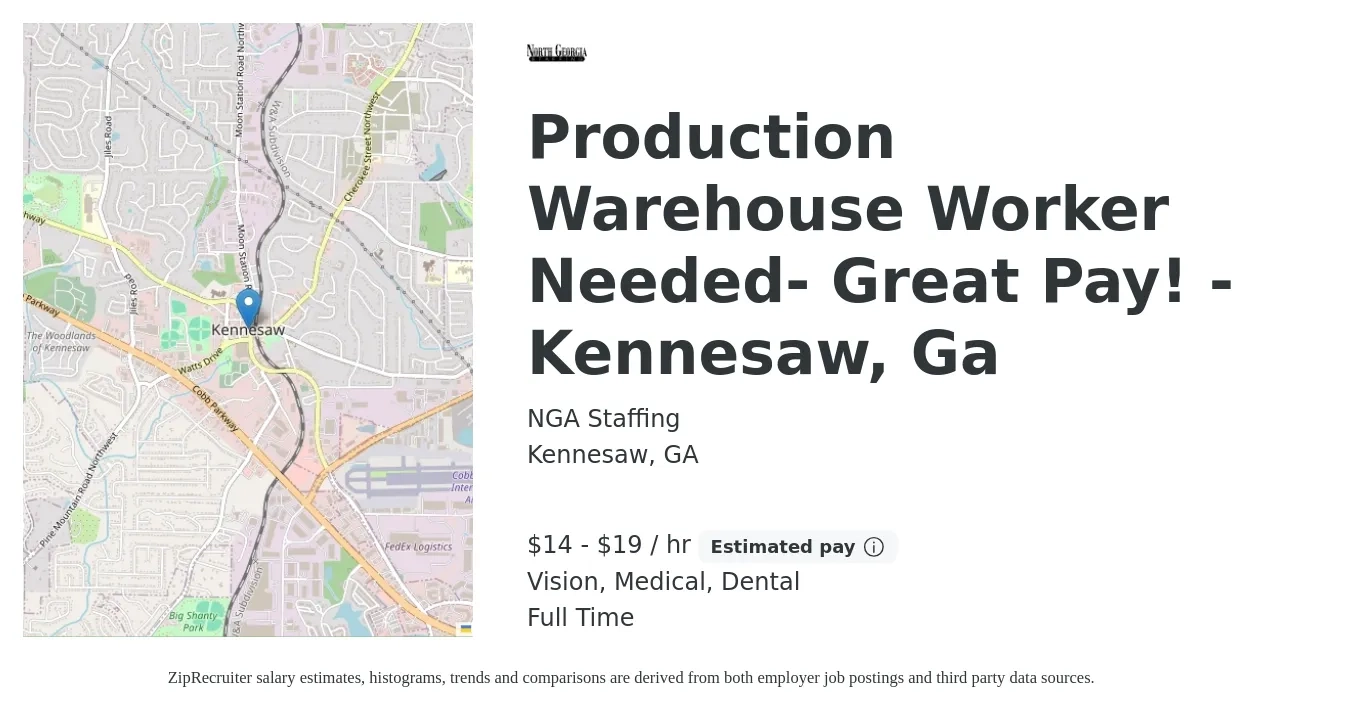 NGA Staffing job posting for a Production Warehouse Worker Needed- Great Pay! -Kennesaw, Ga in Kennesaw, GA with a salary of $15 to $20 Hourly and benefits including dental, medical, and vision with a map of Kennesaw location.