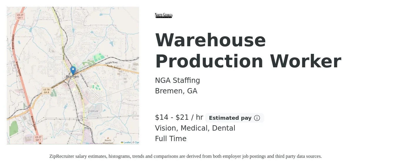 NGA Staffing job posting for a Warehouse Production Worker in Bremen, GA with a salary of $15 to $22 Hourly and benefits including vision, dental, and medical with a map of Bremen location.