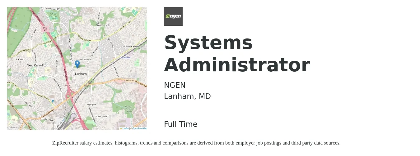 NGEN job posting for a Systems Administrator in Lanham, MD with a salary of $60,000 to $85,000 Yearly with a map of Lanham location.