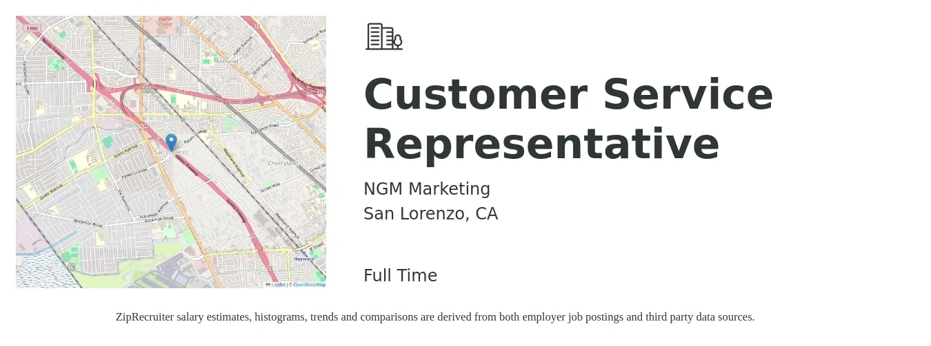 NGM Marketing job posting for a Customer Service Representative in San Lorenzo, CA with a salary of $40,000 to $50,000 Yearly with a map of San Lorenzo location.