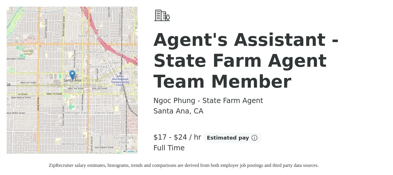 Ngoc Phung - State Farm Agent job posting for a Agent's Assistant - State Farm Agent Team Member in Santa Ana, CA with a salary of $18 to $25 Hourly with a map of Santa Ana location.