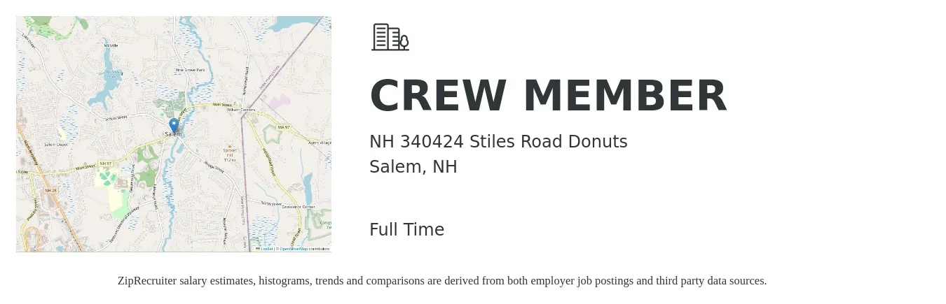 NH 340424 Stiles Road Donuts job posting for a CREW MEMBER in Salem, NH with a salary of $12 to $16 Hourly with a map of Salem location.