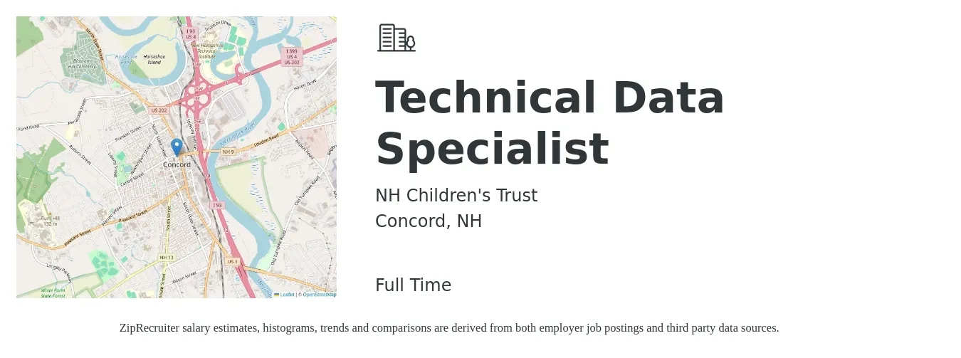 NH Children's Trust job posting for a Technical Data Specialist in Concord, NH with a salary of $52,300 to $87,600 Yearly with a map of Concord location.