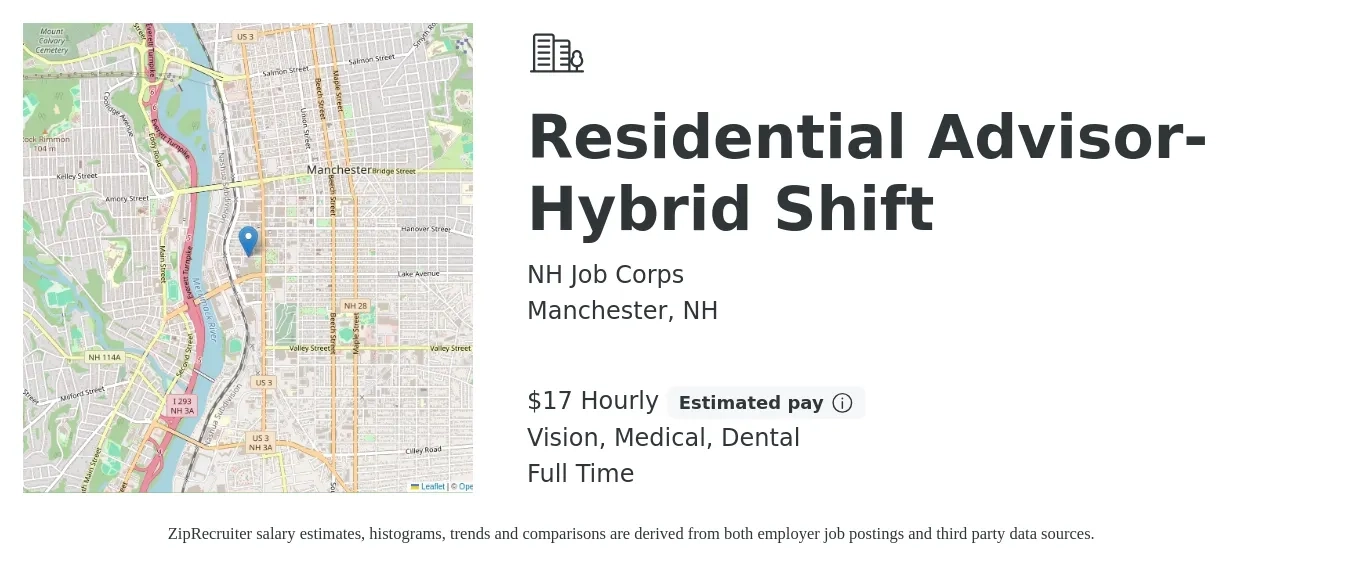NH Job Corps job posting for a Residential Advisor-Hybrid Shift in Manchester, NH with a salary of $18 Hourly and benefits including retirement, vision, dental, life_insurance, and medical with a map of Manchester location.