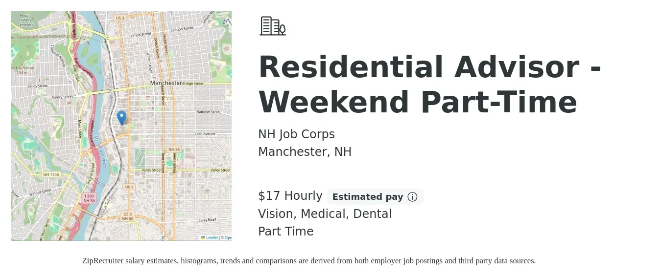 NH Job Corps job posting for a Residential Advisor -Weekend Part-Time in Manchester, NH with a salary of $18 Hourly and benefits including dental, life_insurance, medical, retirement, and vision with a map of Manchester location.