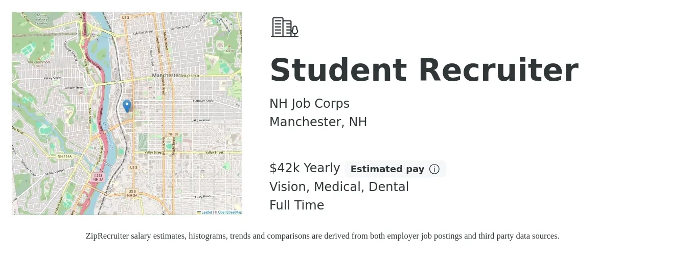 NH Job Corps job posting for a Student Recruiter in Manchester, NH with a salary of $42,000 Yearly (plus commission) and benefits including vision, dental, life_insurance, medical, and retirement with a map of Manchester location.