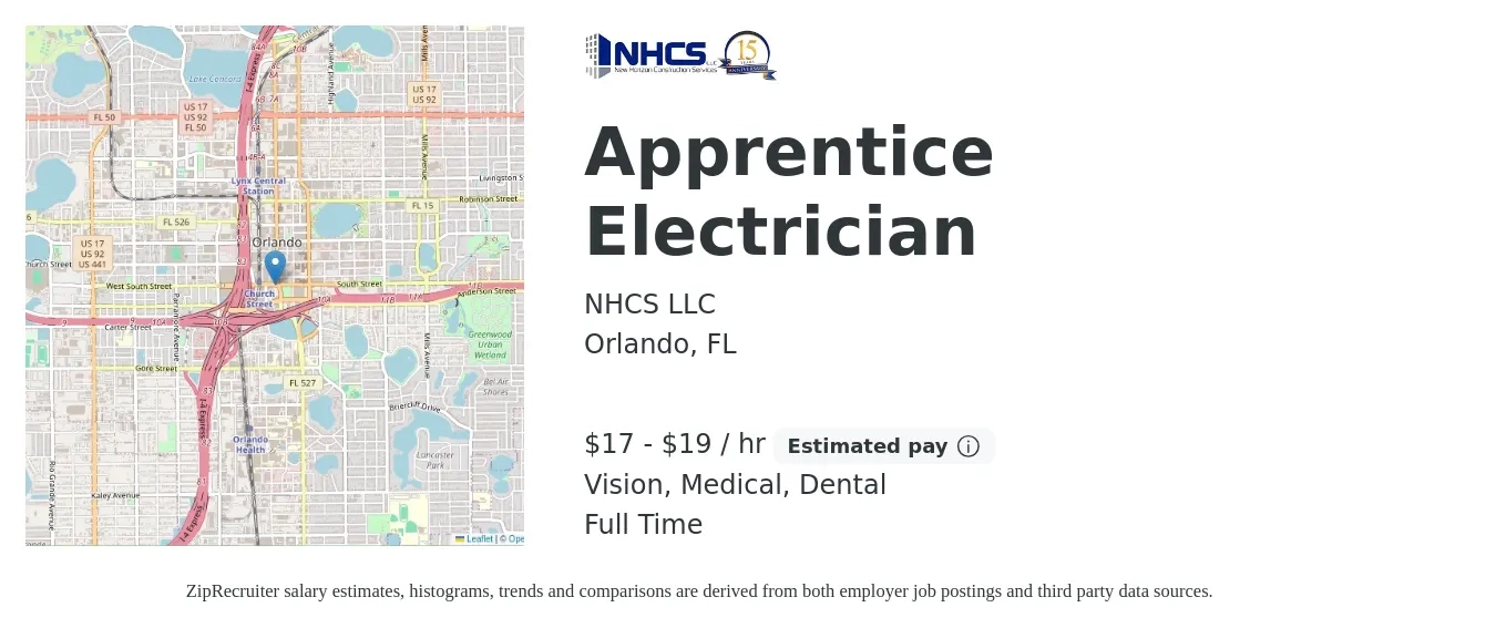 NHCS LLC job posting for a Apprentice Electrician in Orlando, FL with a salary of $18 to $20 Hourly and benefits including pto, retirement, vision, dental, and medical with a map of Orlando location.