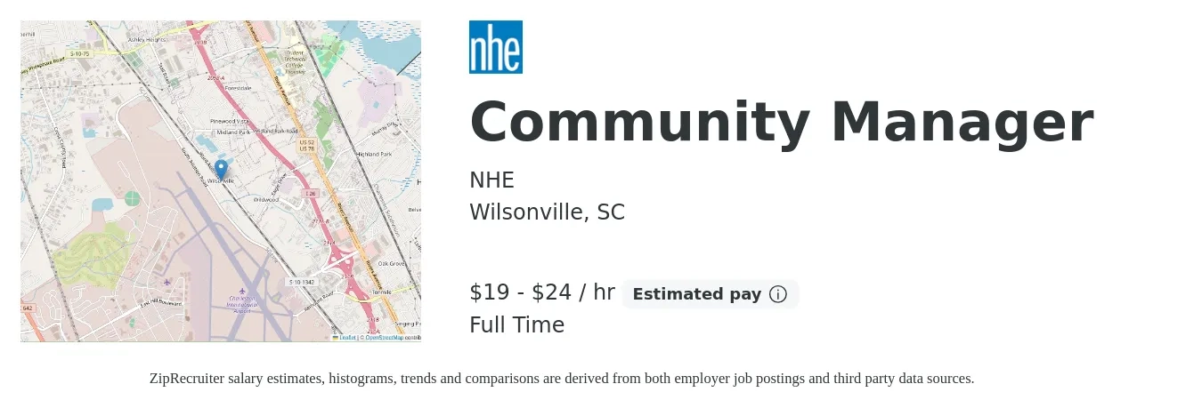 NHE job posting for a Community Manager in Wilsonville, SC with a salary of $22 to $24 Hourly with a map of Wilsonville location.
