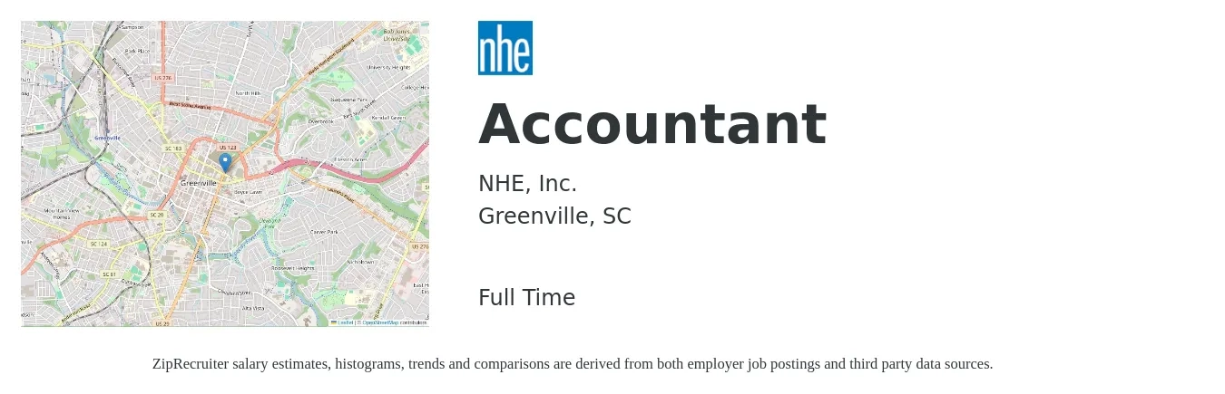 NHE, Inc. job posting for a Accountant in Greenville, SC with a salary of $50,300 to $73,800 Yearly with a map of Greenville location.