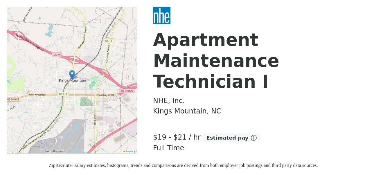 NHE job posting for a Apartment Maintenance Technician I in Kings Mountain, NC with a salary of $20 to $22 Hourly with a map of Kings Mountain location.
