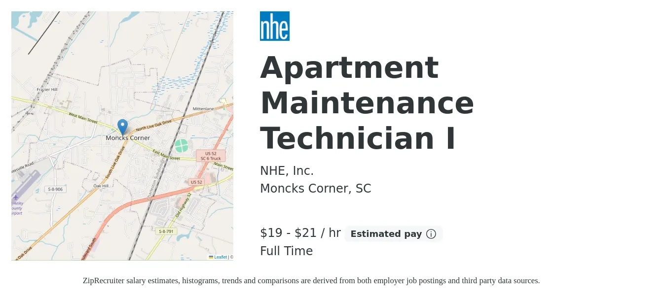 NHE job posting for a Apartment Maintenance Technician I in Moncks Corner, SC with a salary of $20 to $22 Hourly with a map of Moncks Corner location.