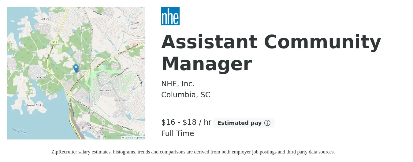 NHE job posting for a Assistant Community Manager in Columbia, SC with a salary of $17 to $19 Hourly with a map of Columbia location.