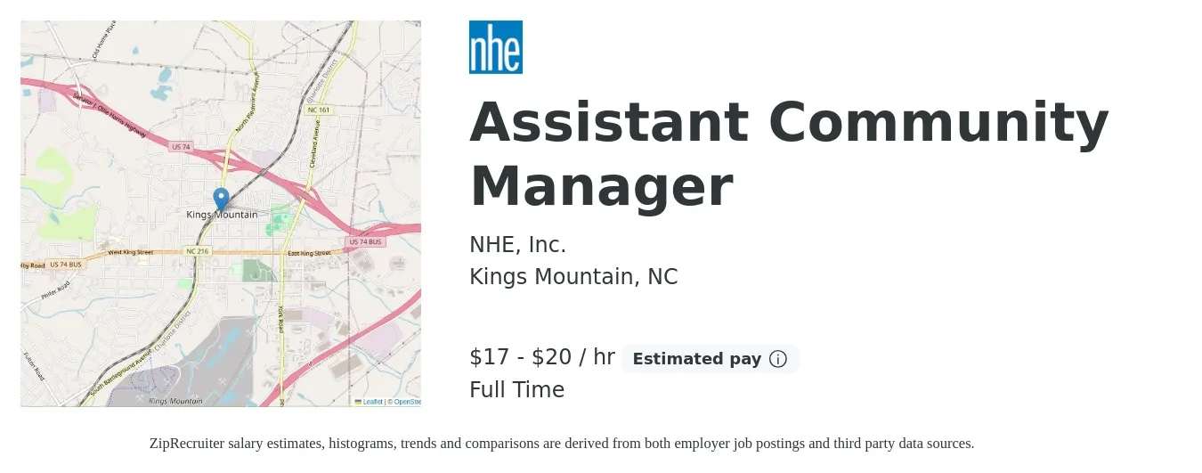NHE job posting for a Assistant Community Manager in Kings Mountain, NC with a salary of $18 to $21 Hourly with a map of Kings Mountain location.