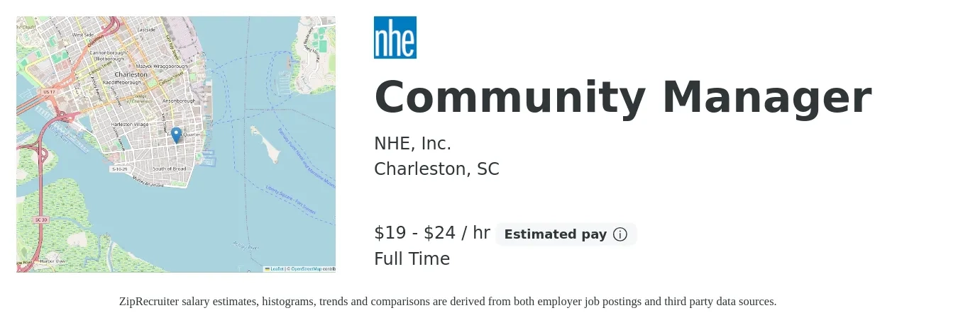 NHE, Inc. job posting for a Community Manager in Charleston, SC with a salary of $20 to $25 Hourly with a map of Charleston location.