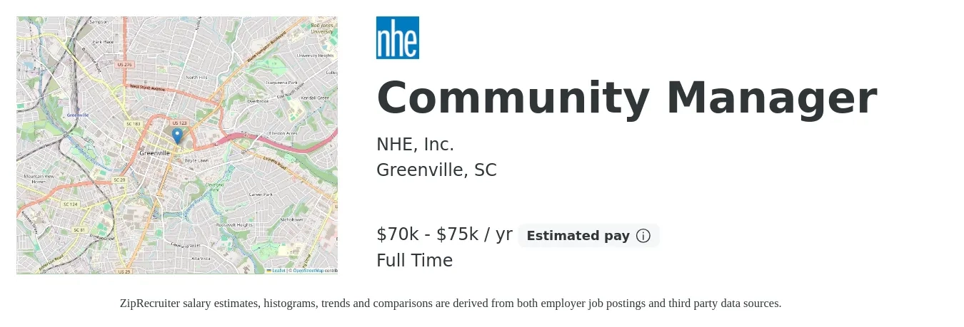 NHE job posting for a Community Manager in Greenville, SC with a salary of $44,200 to $63,000 Yearly with a map of Greenville location.
