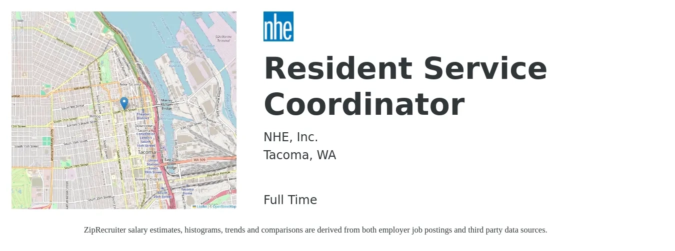 NHE, Inc. job posting for a Resident Service Coordinator in Tacoma, WA with a salary of $27 Hourly with a map of Tacoma location.