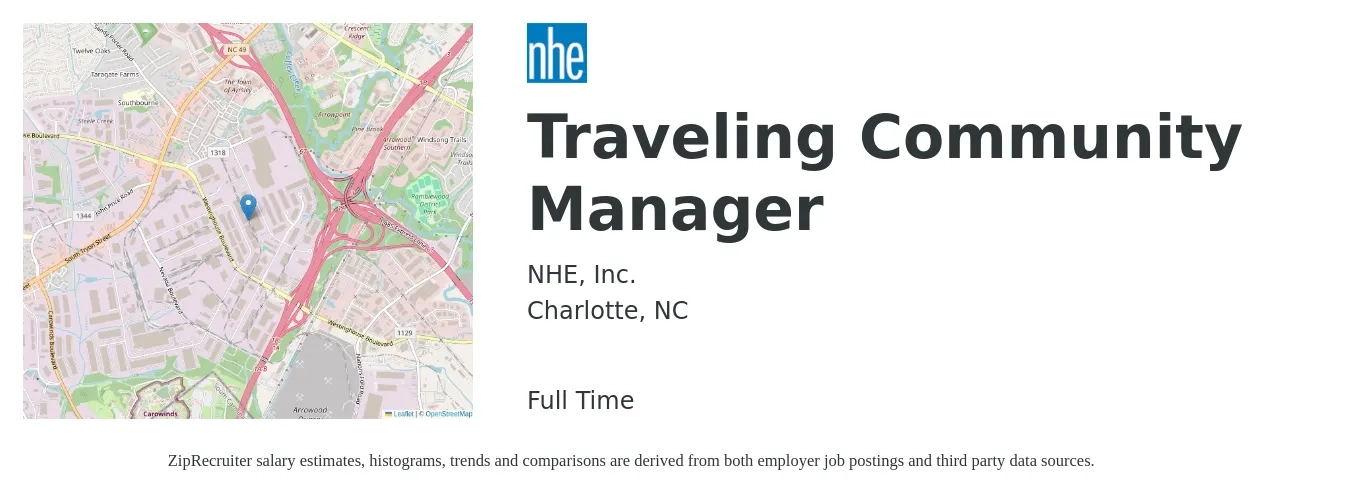NHE, Inc. job posting for a Traveling Community Manager in Charlotte, NC with a salary of $25 to $28 Hourly with a map of Charlotte location.
