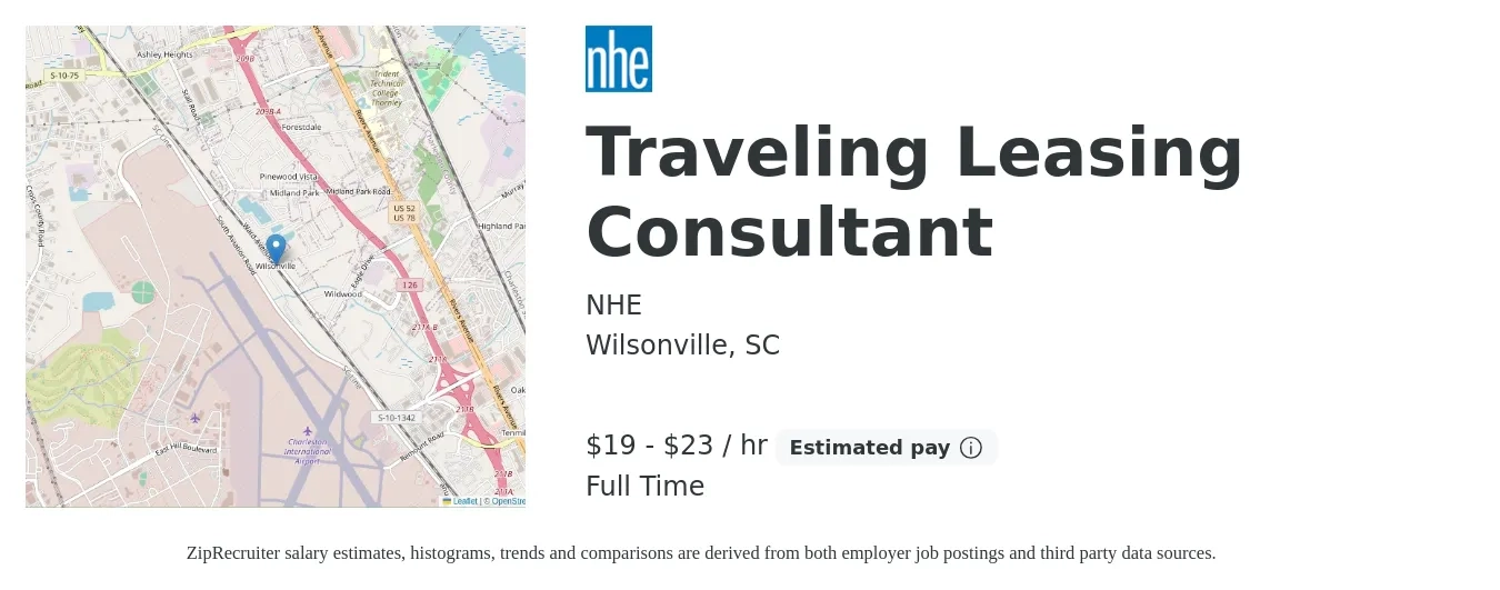 NHE job posting for a Traveling Leasing Consultant in Wilsonville, SC with a salary of $20 to $24 Hourly with a map of Wilsonville location.
