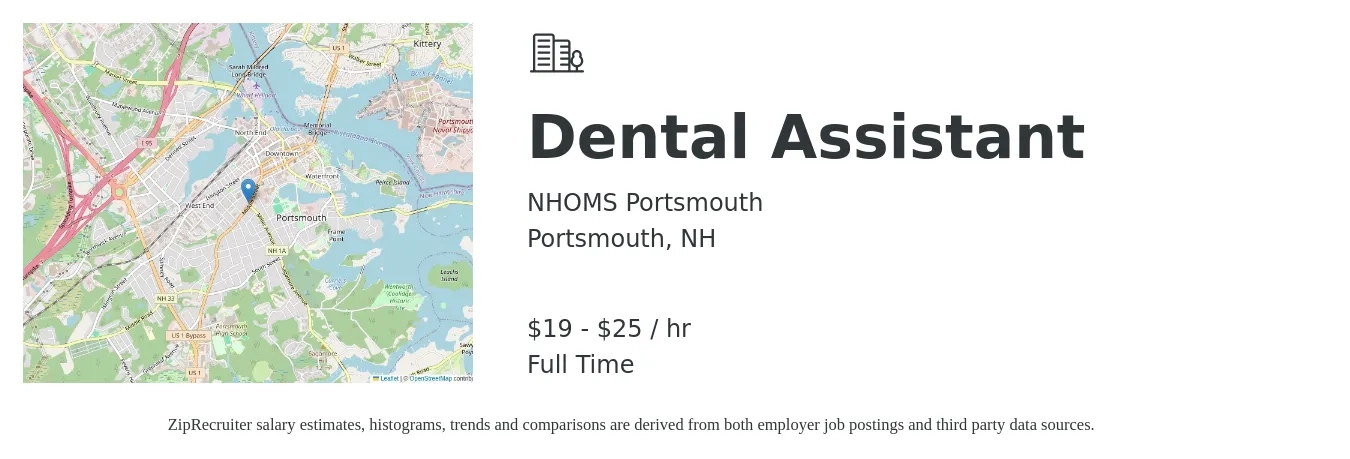 NHOMS Portsmouth job posting for a Dental Assistant in Portsmouth, NH with a salary of $20 to $26 Hourly with a map of Portsmouth location.