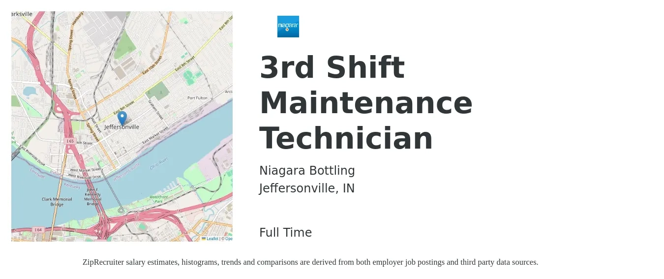 Niagara Bottling job posting for a 3rd Shift Maintenance Technician in Jeffersonville, IN with a salary of $18 to $26 Hourly with a map of Jeffersonville location.