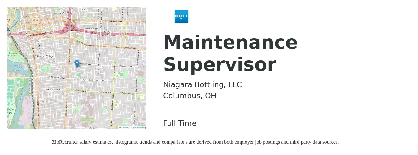 Niagara Bottling job posting for a Maintenance Supervisor in Columbus, OH with a salary of $23 to $38 Hourly with a map of Columbus location.