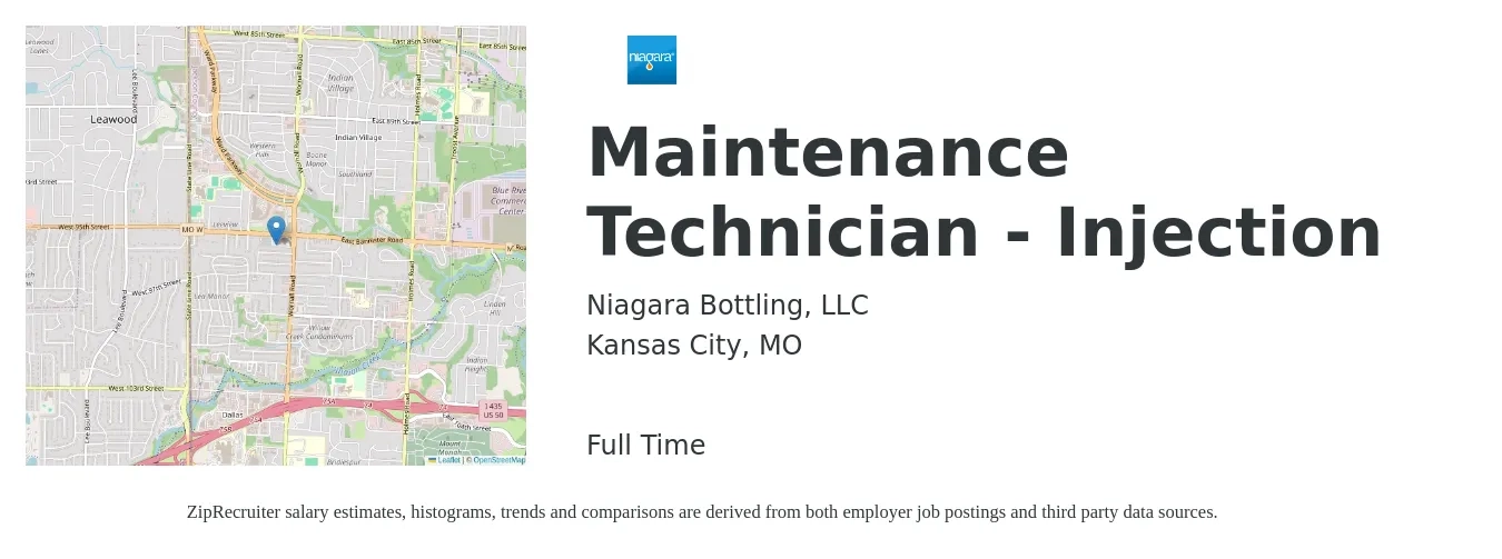 Niagara Bottling job posting for a Maintenance Technician - Injection in Kansas City, MO with a salary of $17 to $24 Hourly with a map of Kansas City location.