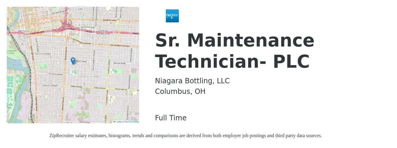 Niagara Bottling, LLC job posting for a Sr. Controls Technician in Columbus, OH with a salary of $38 to $50 Hourly with a map of Columbus location.