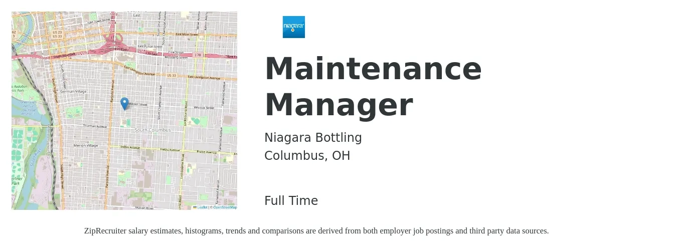 Niagara Bottling job posting for a Maintenance Manager in Columbus, OH with a salary of $23 to $38 Hourly with a map of Columbus location.