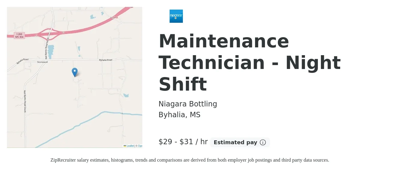 Niagara Bottling job posting for a Maintenance Technician - Night Shift in Byhalia, MS with a salary of $18 to $25 Hourly with a map of Byhalia location.