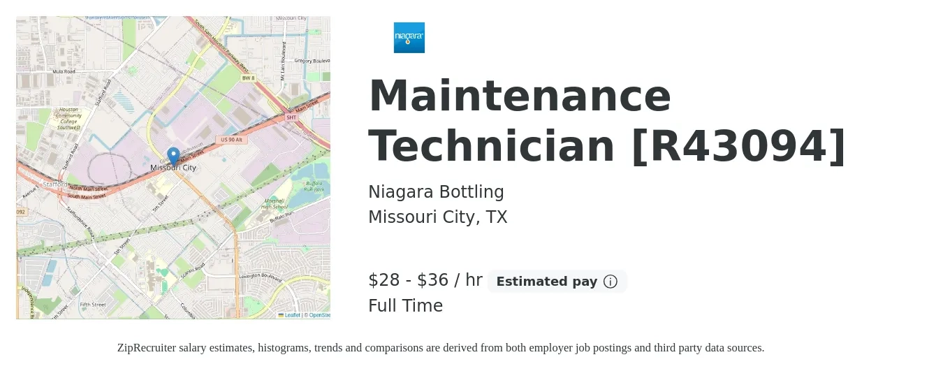 Niagara Bottling job posting for a Maintenance Technician [R43094] in Missouri City, TX with a salary of $30 to $38 Hourly with a map of Missouri City location.