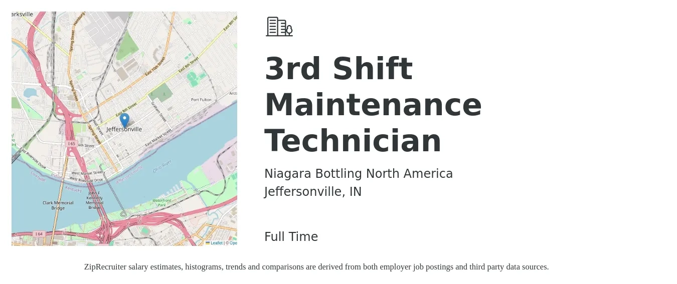 Niagara Bottling North America job posting for a 3rd Shift Maintenance Technician in Jeffersonville, IN with a salary of $18 to $26 Hourly with a map of Jeffersonville location.