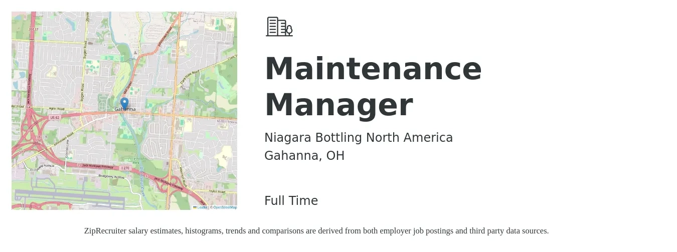 Niagara Bottling North America job posting for a Maintenance Manager in Gahanna, OH with a salary of $22 to $38 Hourly with a map of Gahanna location.