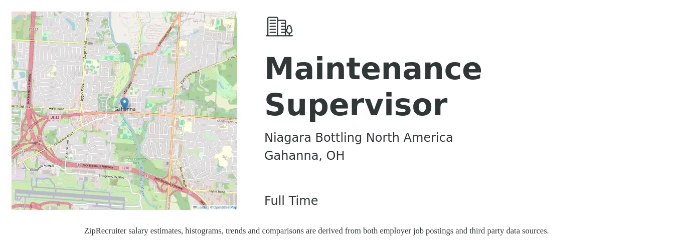 Niagara Bottling North America job posting for a Maintenance Supervisor in Gahanna, OH with a salary of $22 to $38 Hourly with a map of Gahanna location.