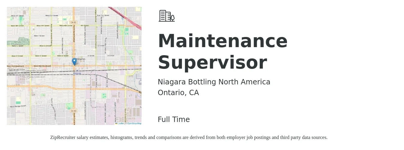 Niagara Bottling North America job posting for a Maintenance Supervisor in Ontario, CA with a salary of $92,771 to $134,518 Yearly with a map of Ontario location.