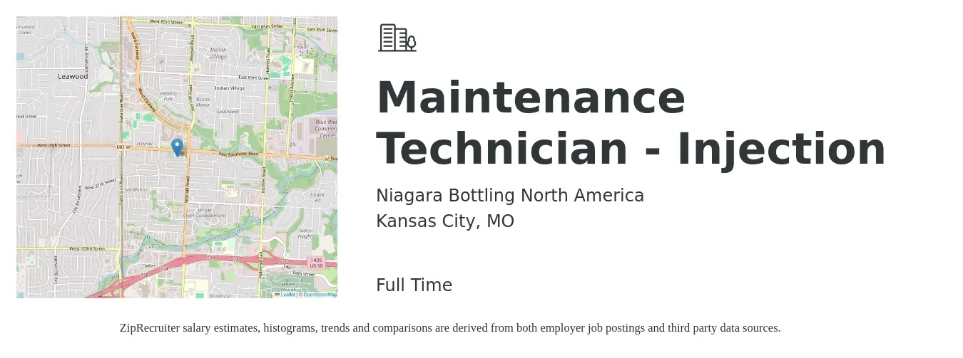 Niagara Bottling North America job posting for a Maintenance Technician - Injection in Kansas City, MO with a salary of $19 to $26 Hourly with a map of Kansas City location.
