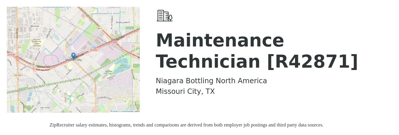 Niagara Bottling North America job posting for a Maintenance Technician [R42871] in Missouri City, TX with a salary of $17 to $24 Hourly with a map of Missouri City location.