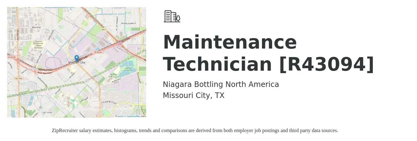 Niagara Bottling North America job posting for a Maintenance Technician [R43094] in Missouri City, TX with a salary of $17 to $24 Hourly with a map of Missouri City location.