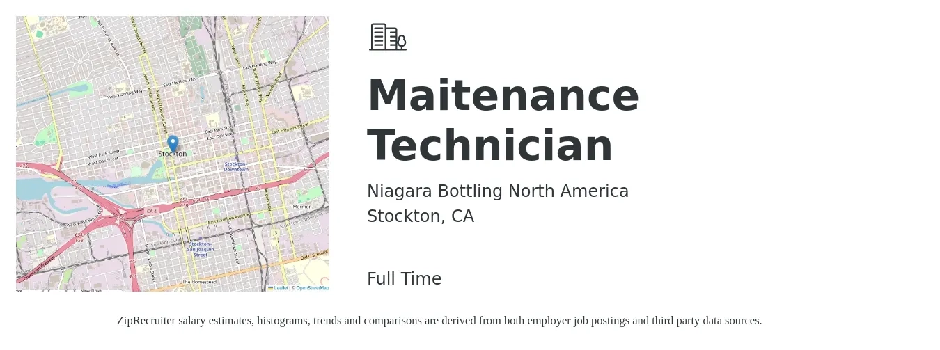 Niagara Bottling North America job posting for a Maitenance Technician in Stockton, CA with a salary of $20 to $28 Hourly with a map of Stockton location.