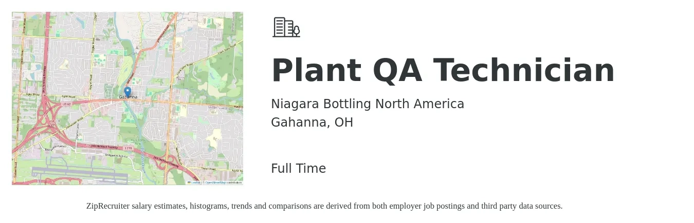 Niagara Bottling North America job posting for a Plant QA Technician in Gahanna, OH with a salary of $23 to $27 Hourly with a map of Gahanna location.