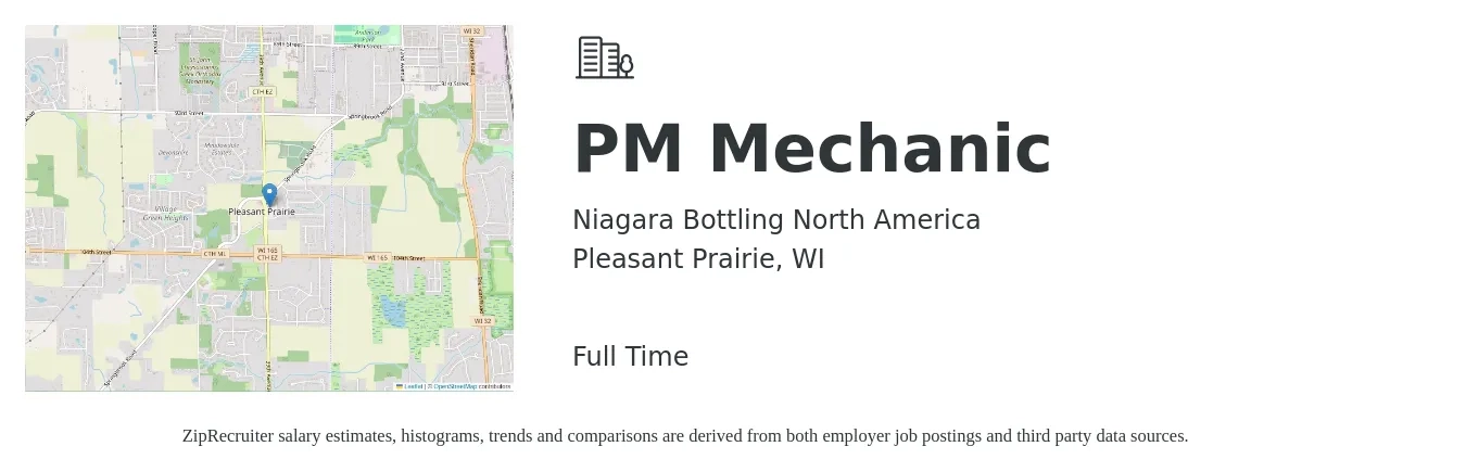 Niagara Bottling North America job posting for a PM Mechanic in Pleasant Prairie, WI with a salary of $25 to $29 Hourly with a map of Pleasant Prairie location.