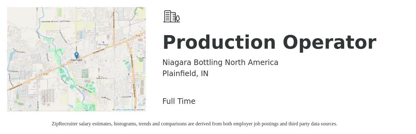 Niagara Bottling North America job posting for a Production Operator in Plainfield, IN with a salary of $18 to $20 Hourly with a map of Plainfield location.