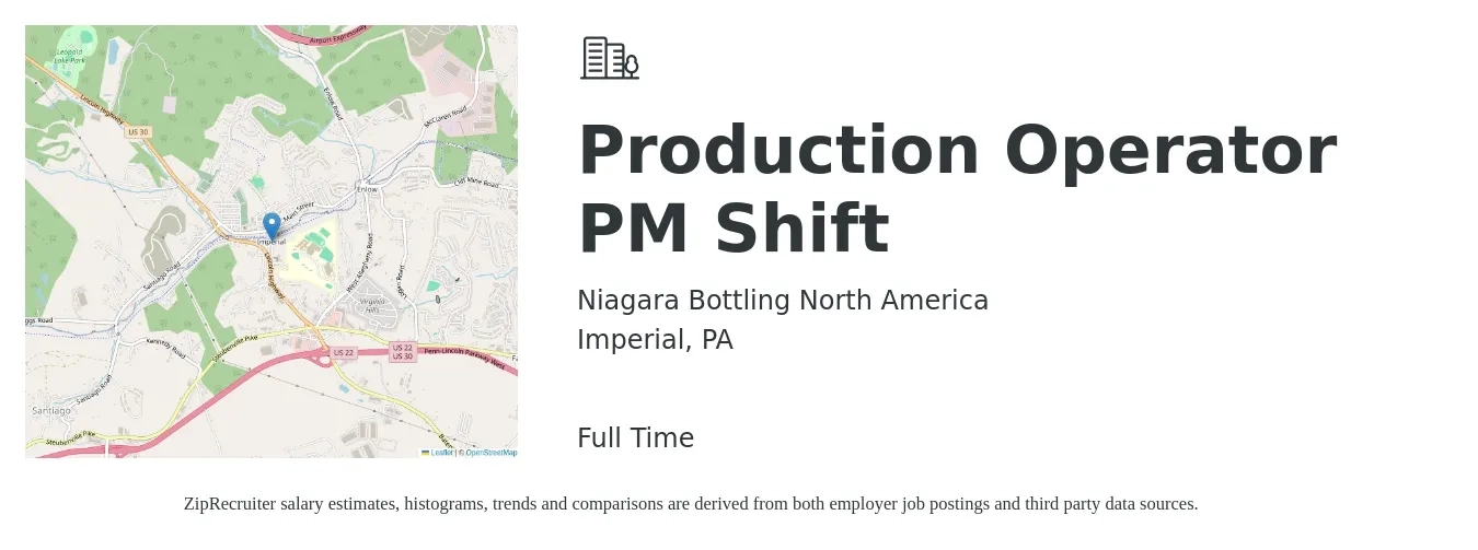 Niagara Bottling North America job posting for a Production Operator PM Shift in Imperial, PA with a salary of $20 to $21 Hourly with a map of Imperial location.