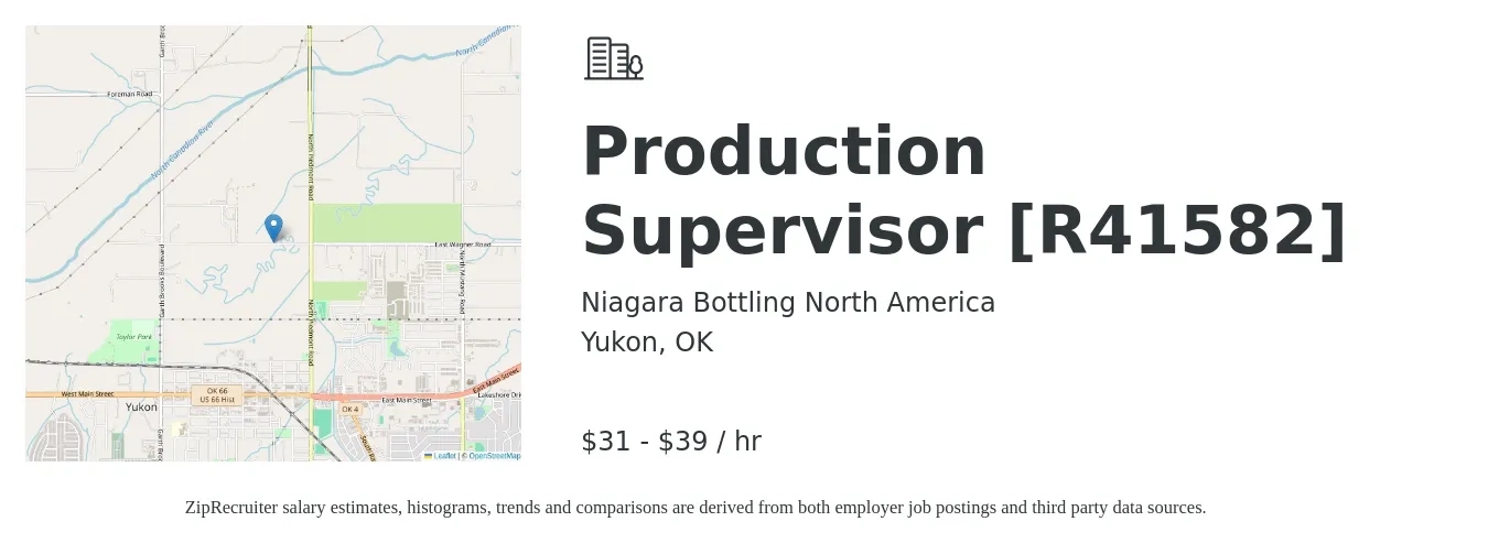 Niagara Bottling North America job posting for a Production Supervisor [R41582] in Yukon, OK with a salary of $33 to $41 Hourly with a map of Yukon location.