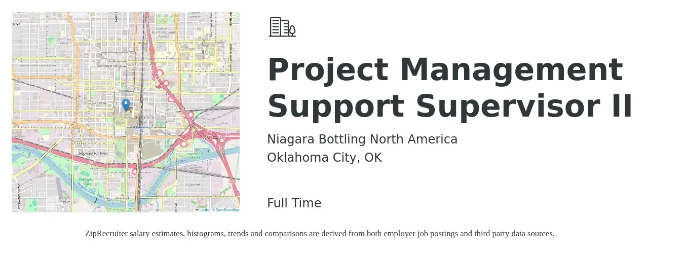 Niagara Bottling North America job posting for a Project Management Support Supervisor II in Oklahoma City, OK with a salary of $39 to $58 Hourly with a map of Oklahoma City location.