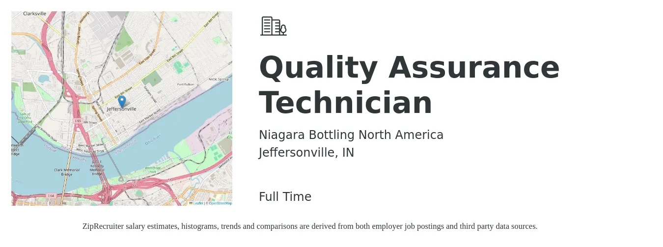 Niagara Bottling North America job posting for a Quality Assurance Technician in Jeffersonville, IN with a salary of $20 to $25 Hourly with a map of Jeffersonville location.