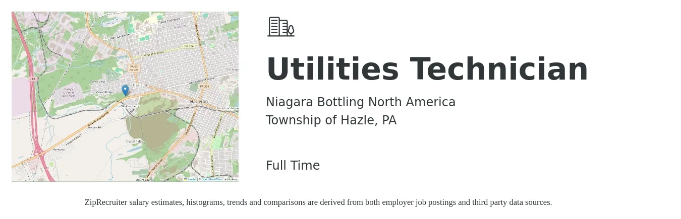 Niagara Bottling North America job posting for a Utilities Technician in Township of Hazle, PA with a salary of $20 to $27 Hourly with a map of Township of Hazle location.